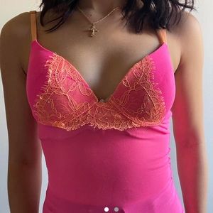 Lingerie corset sheer pink slip top/dress orange stitching